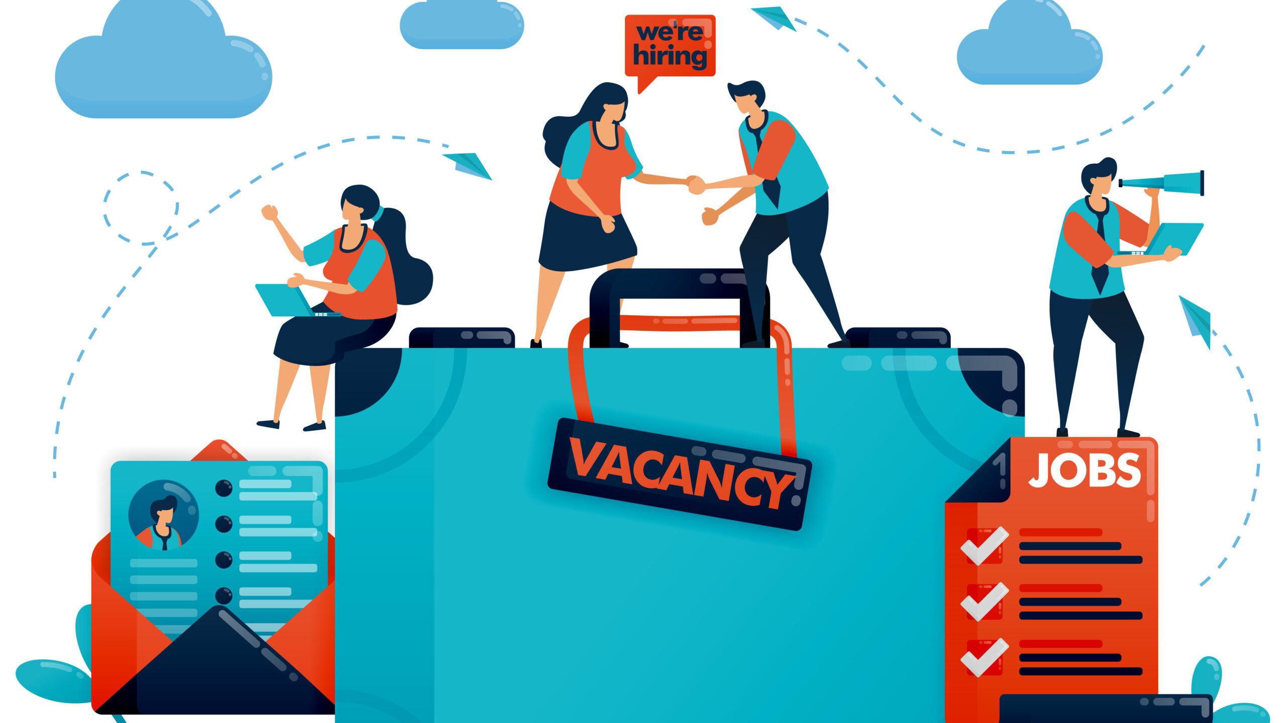 Hiring recruitment design. Job vacancy. We're hiring employee. Open vacancy design template. Briefcase and email cv resume. Jobs career. Vector illustration for business card, banner, brochure, flyer
